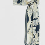 Navy Blue Beige Patterned Silk Scarf