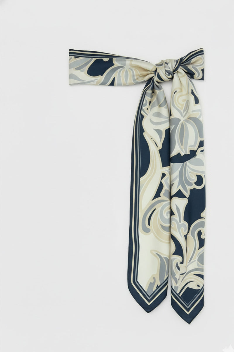 Navy Blue Beige Patterned Silk Scarf