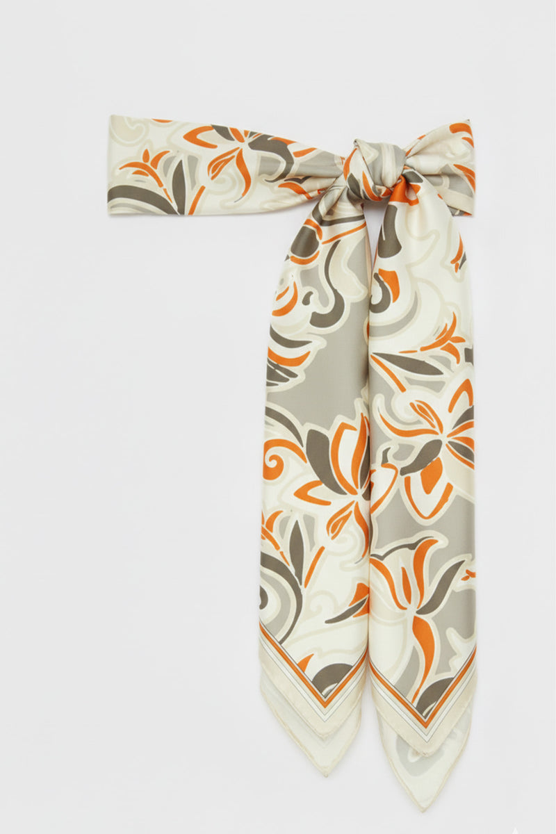 Orange Ecru Patterned Silk Scarf