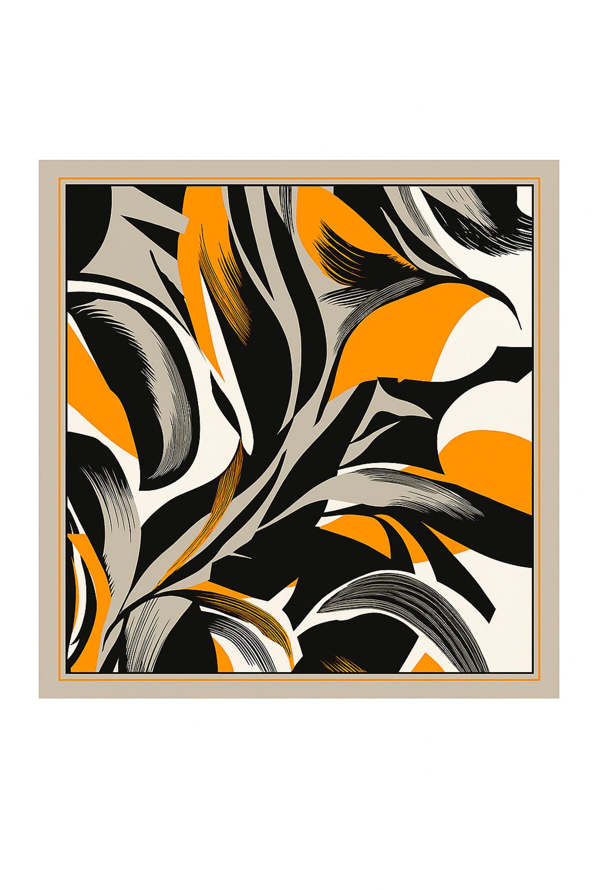 Orange Black Abstract Patterned Silk Scarf