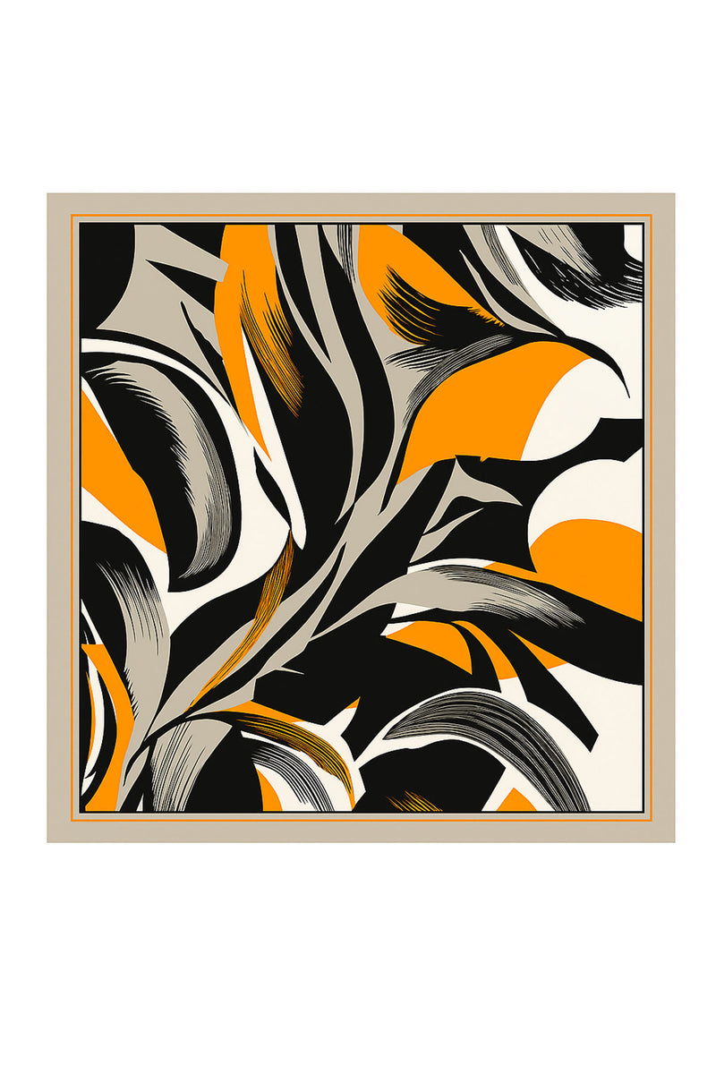 Orange Black Abstract Patterned Silk Scarf