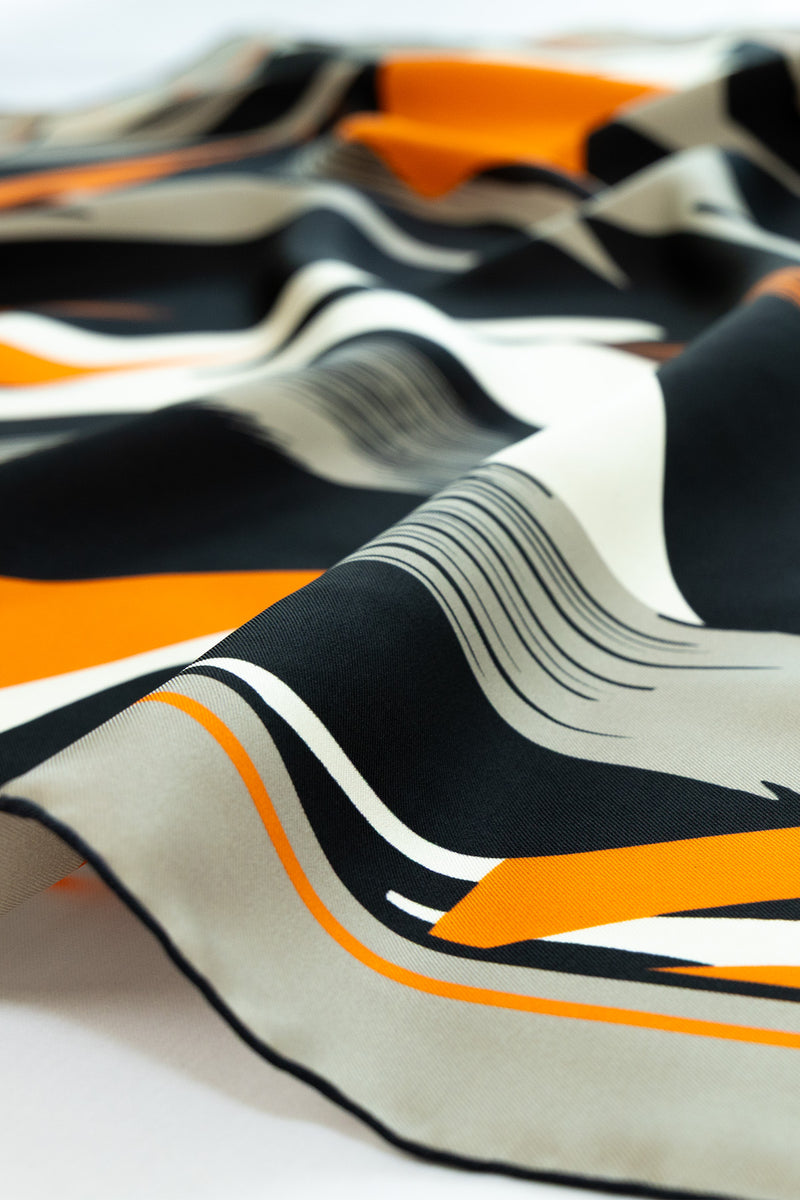 Orange Black Abstract Patterned Silk Scarf