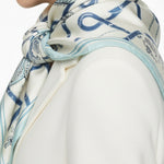 Ecru Navy Blue Shawl Patterned Silk Scarf