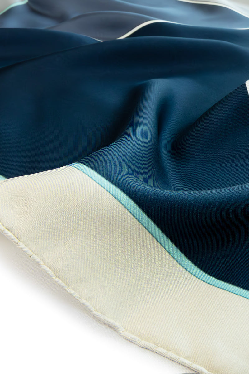 Navy Blue and Ecru Color Block Silk Scarf