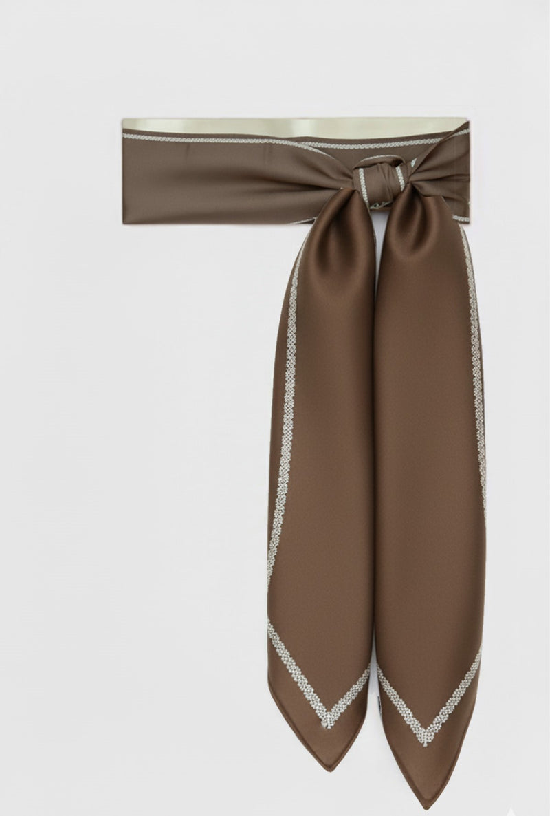 Brown Silk Scarf with Geometric Pattern on the Edge