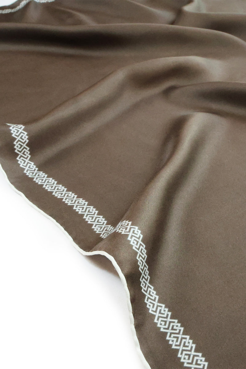 Brown Silk Scarf with Geometric Pattern on the Edge