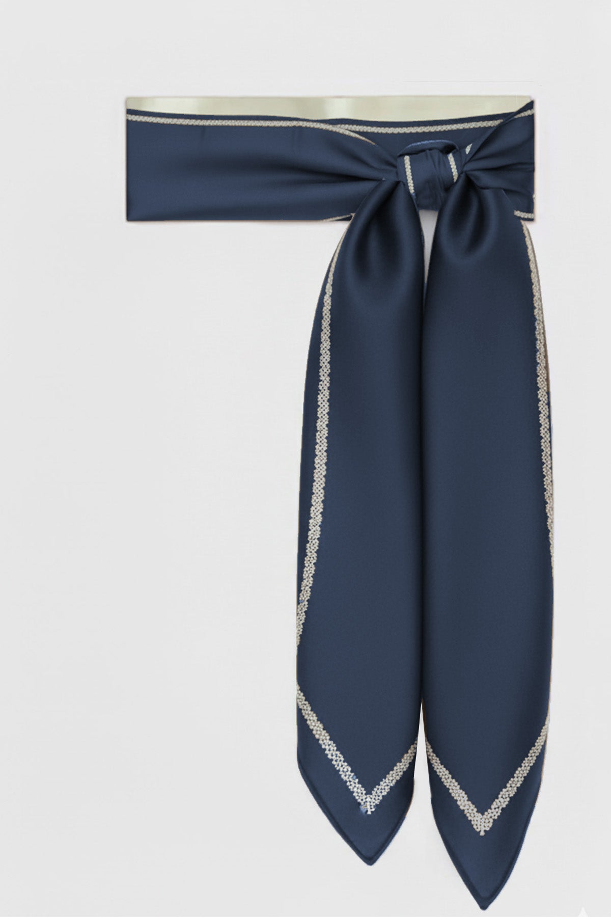 Navy Blue Silk Scarf with Geometric Pattern on the Edge