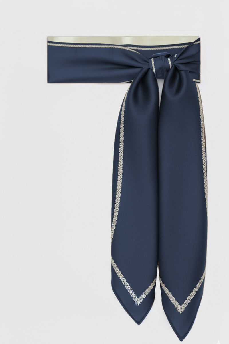 Navy Blue Silk Scarf with Geometric Pattern on the Edge