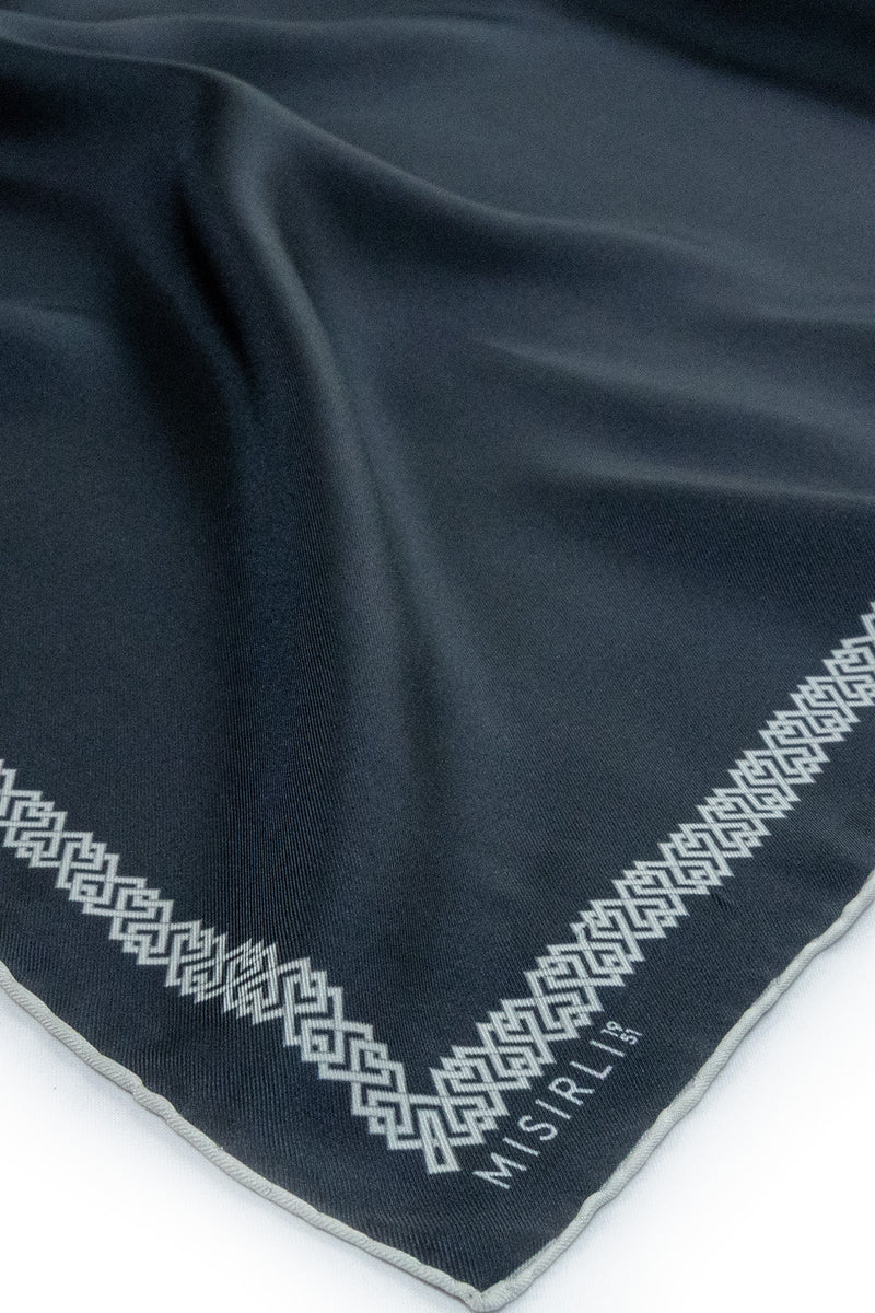 Navy Blue Silk Scarf with Geometric Pattern on the Edge