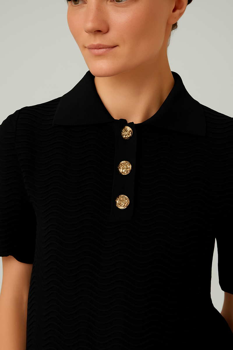 Black Wave Pattern Short Sleeve Blouse