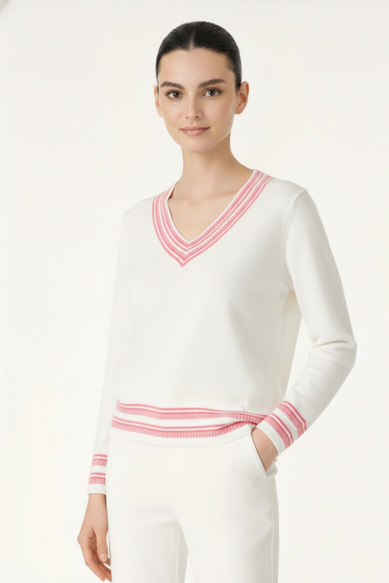 Ecru Orange V Neck Ladies Sweater