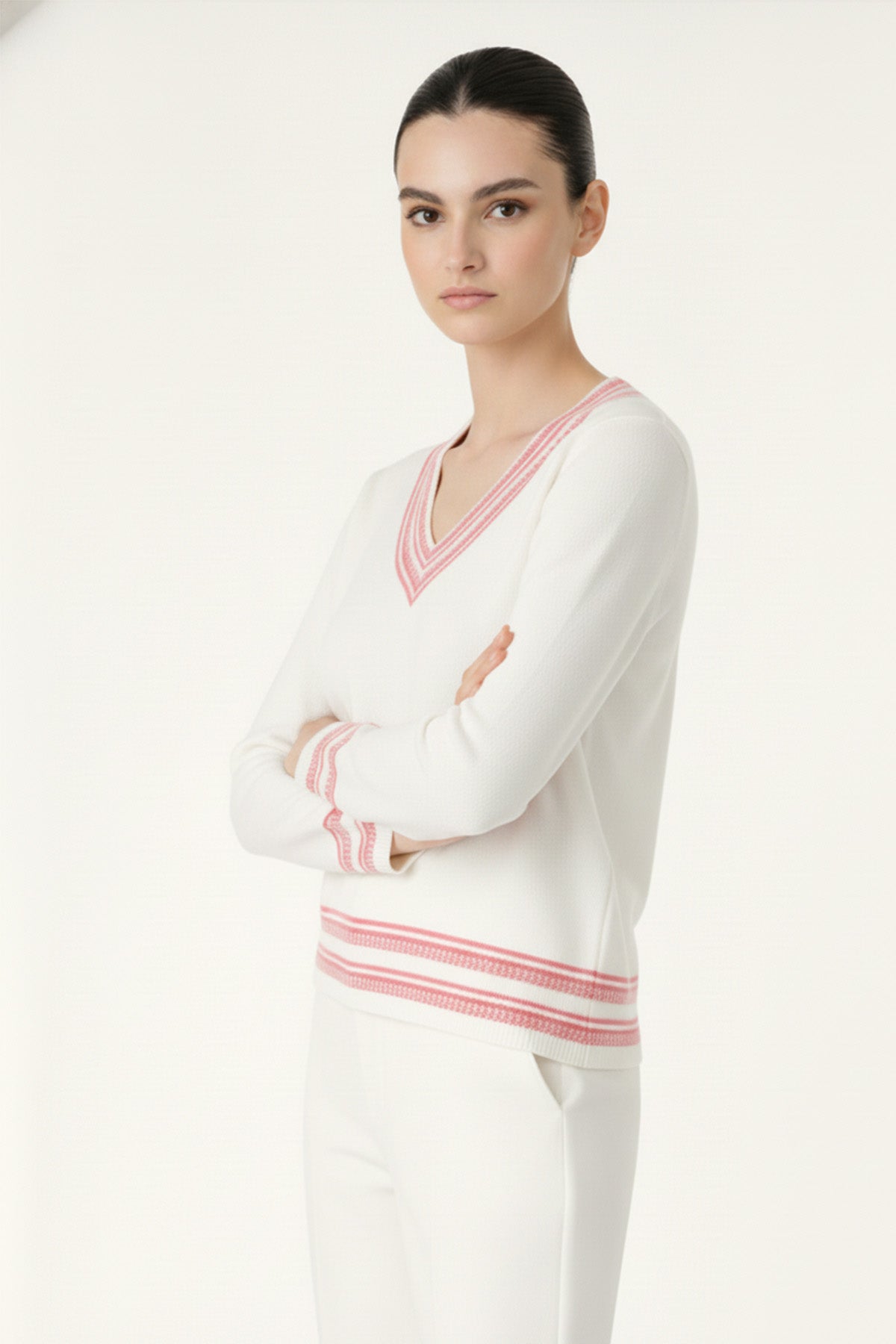 Ecru Orange V Neck Ladies Sweater