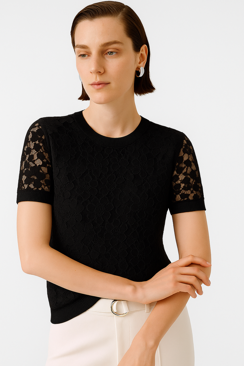Black Lace-Front Short Sleeve Blouse