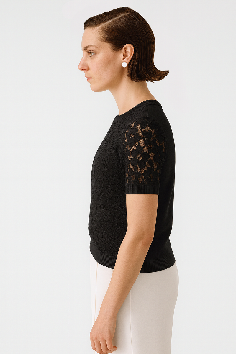 Black Lace-Front Short Sleeve Blouse