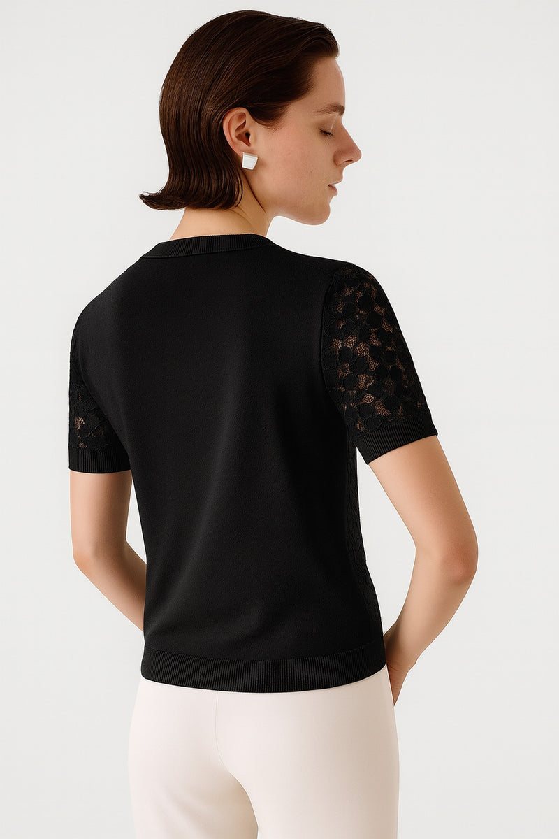 Black Lace-Front Short Sleeve Blouse