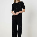 Women's Wide-Leg Pants with Black Stone Embroidery