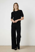 Women's Wide-Leg Pants with Black Stone Embroidery