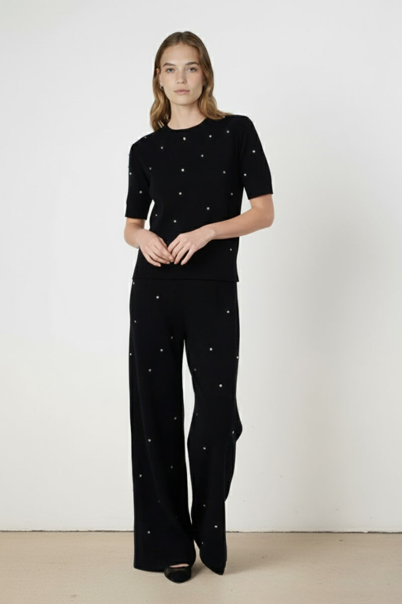 Women's Wide-Leg Pants with Black Stone Embroidery