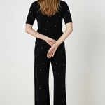 Women's Wide-Leg Pants with Black Stone Embroidery