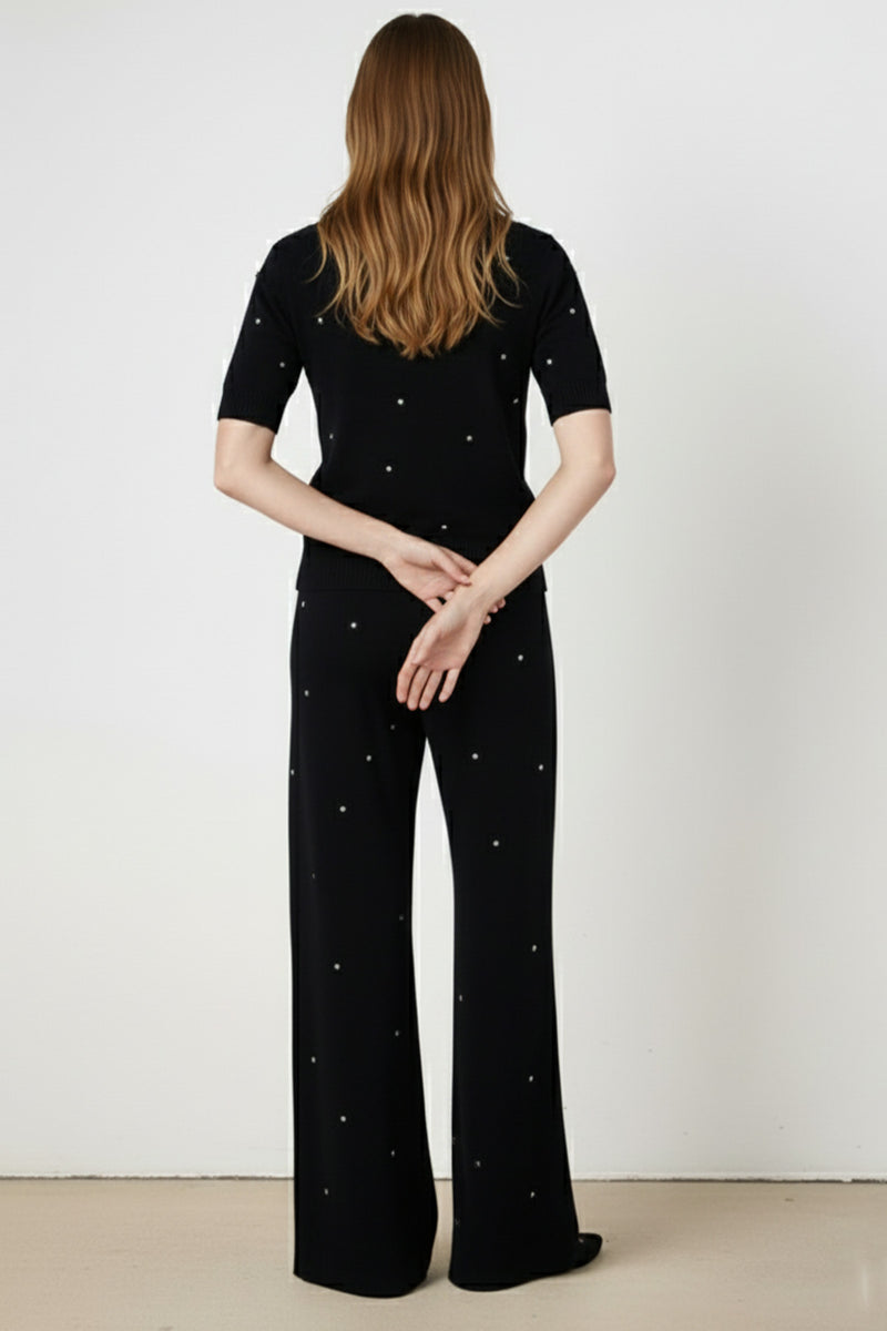 Women's Wide-Leg Pants with Black Stone Embroidery