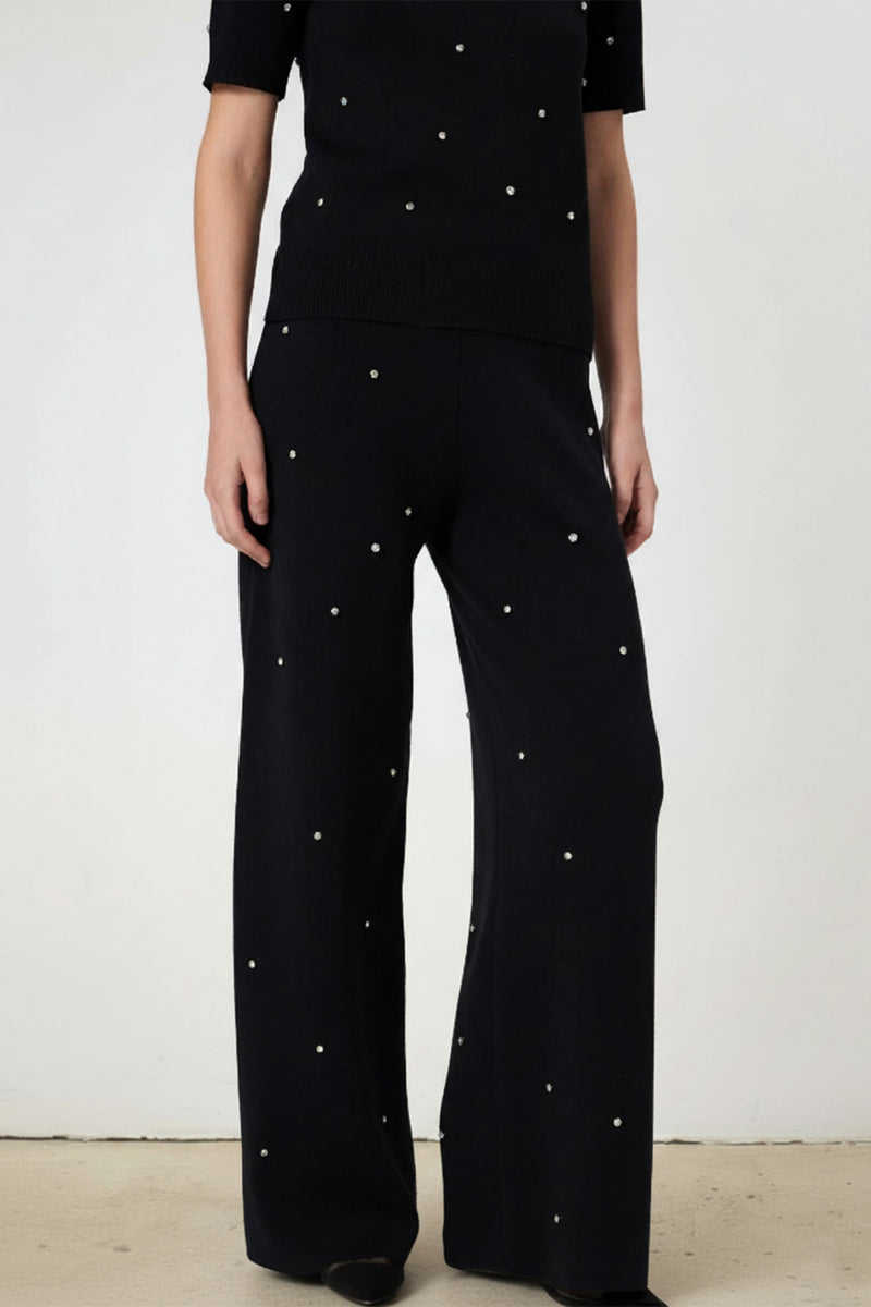 Women's Wide-Leg Pants with Black Stone Embroidery