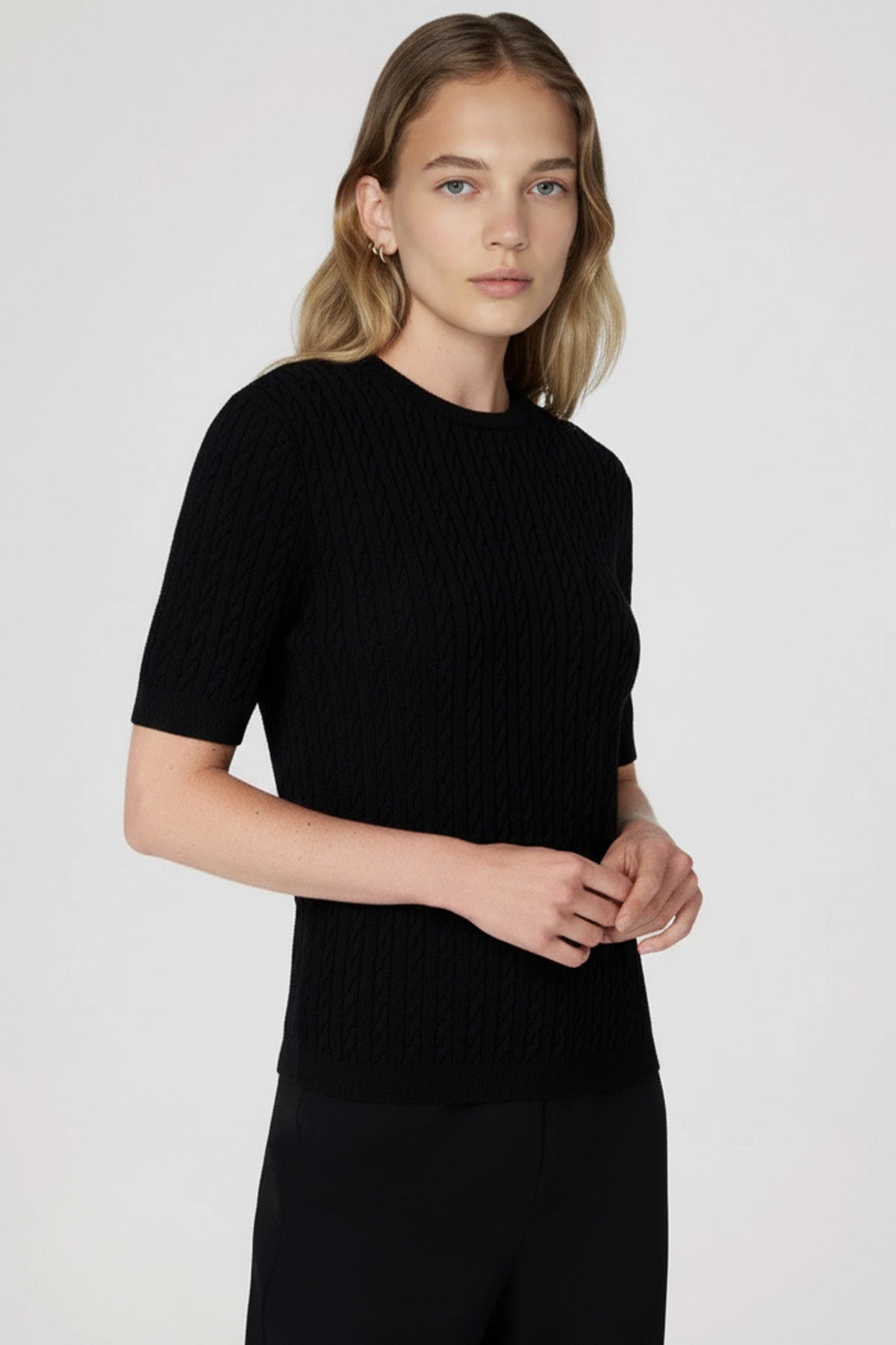 Black Knit Patterned Half-Sleeve Women's Sweater