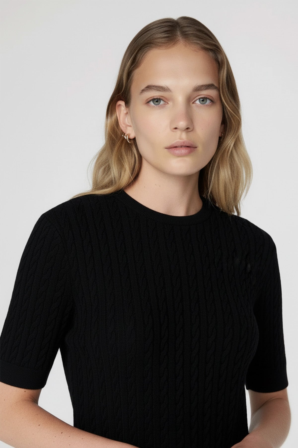 Black Knit Patterned Half-Sleeve Women's Sweater