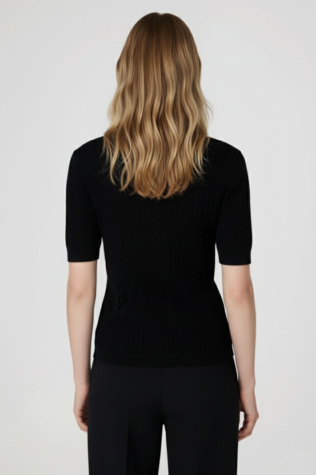 Black Knit Patterned Half-Sleeve Women's Sweater
