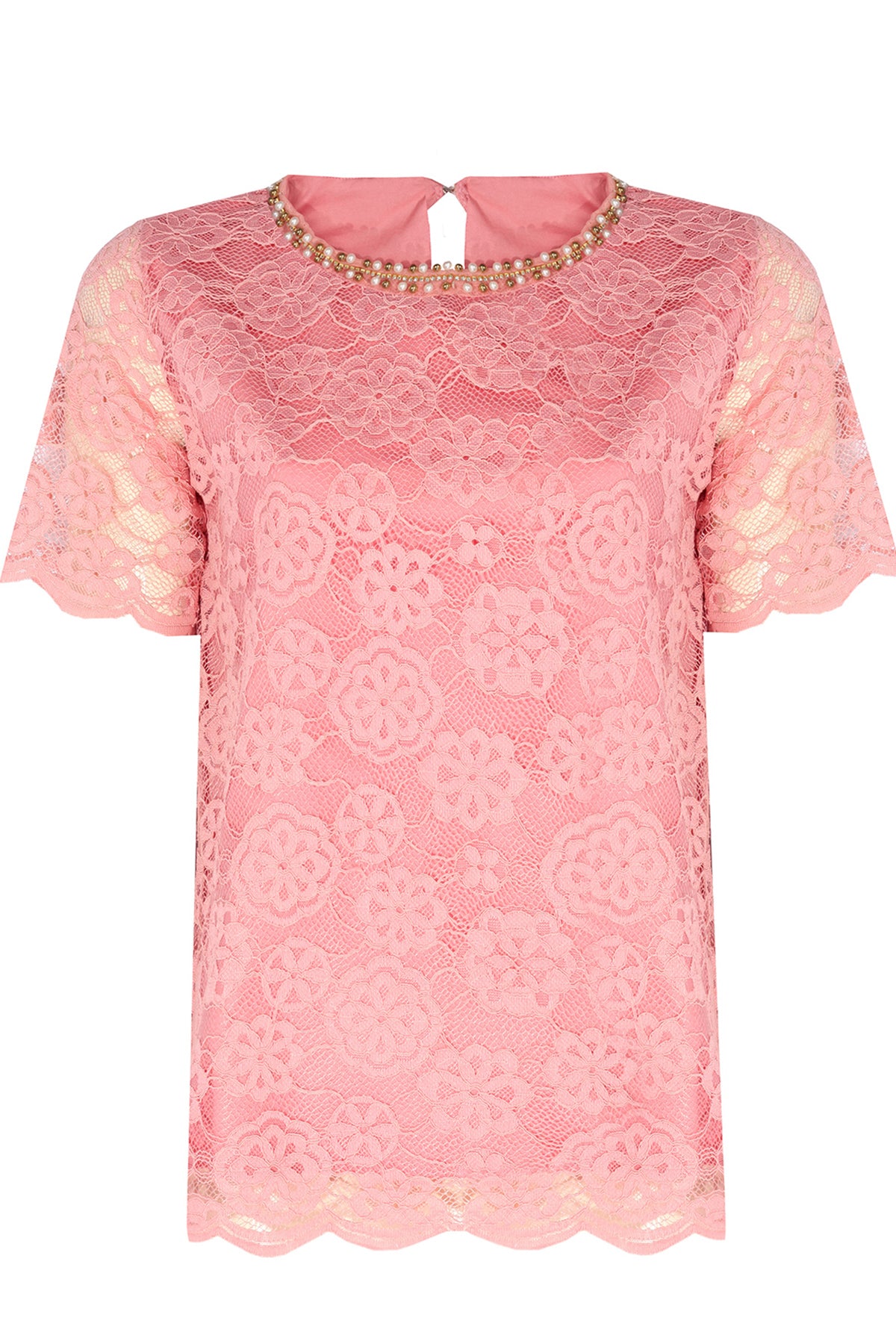 Short-Sleeved Lace Blouse with Rose Embroidery