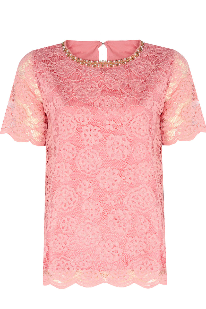 Short-Sleeved Lace Blouse with Rose Embroidery