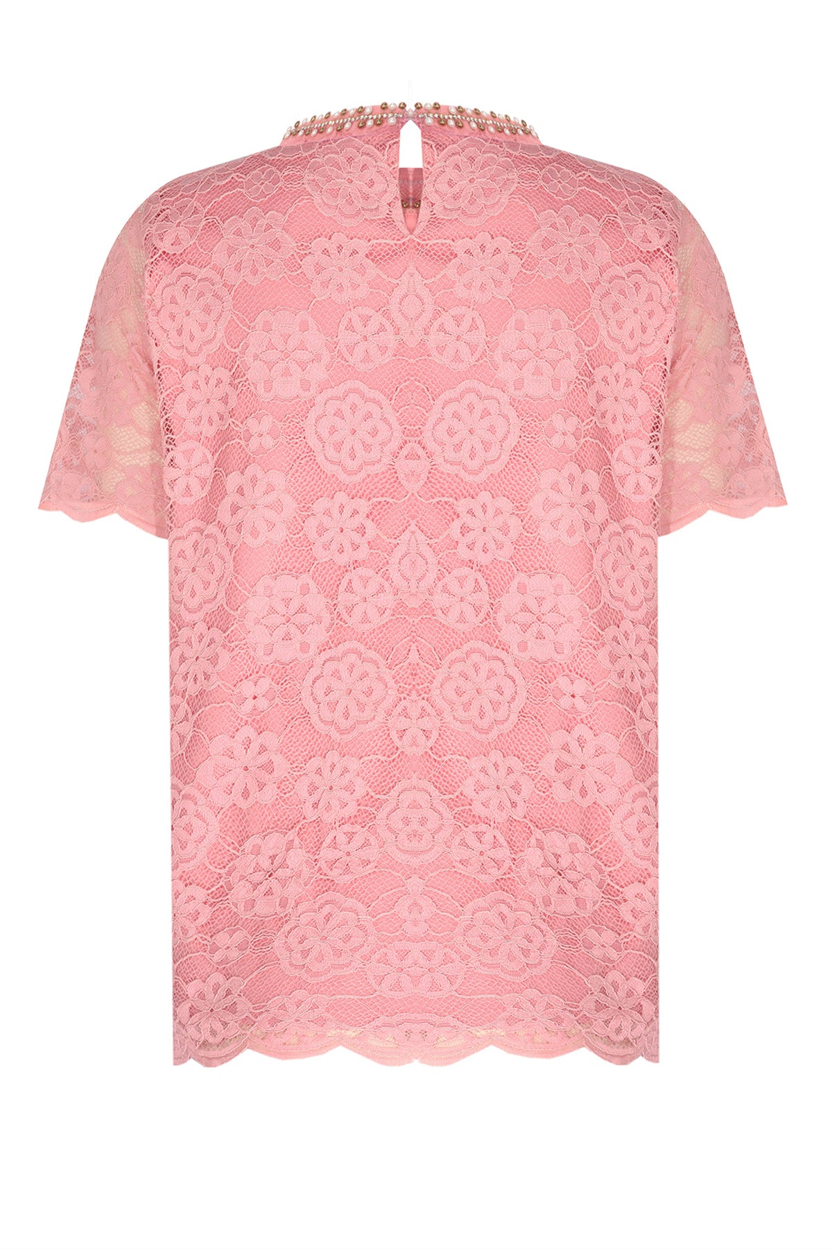 Short-Sleeved Lace Blouse with Rose Embroidery