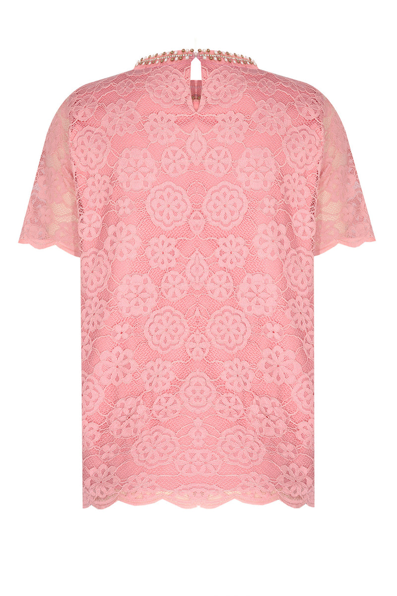 Short-Sleeved Lace Blouse with Rose Embroidery