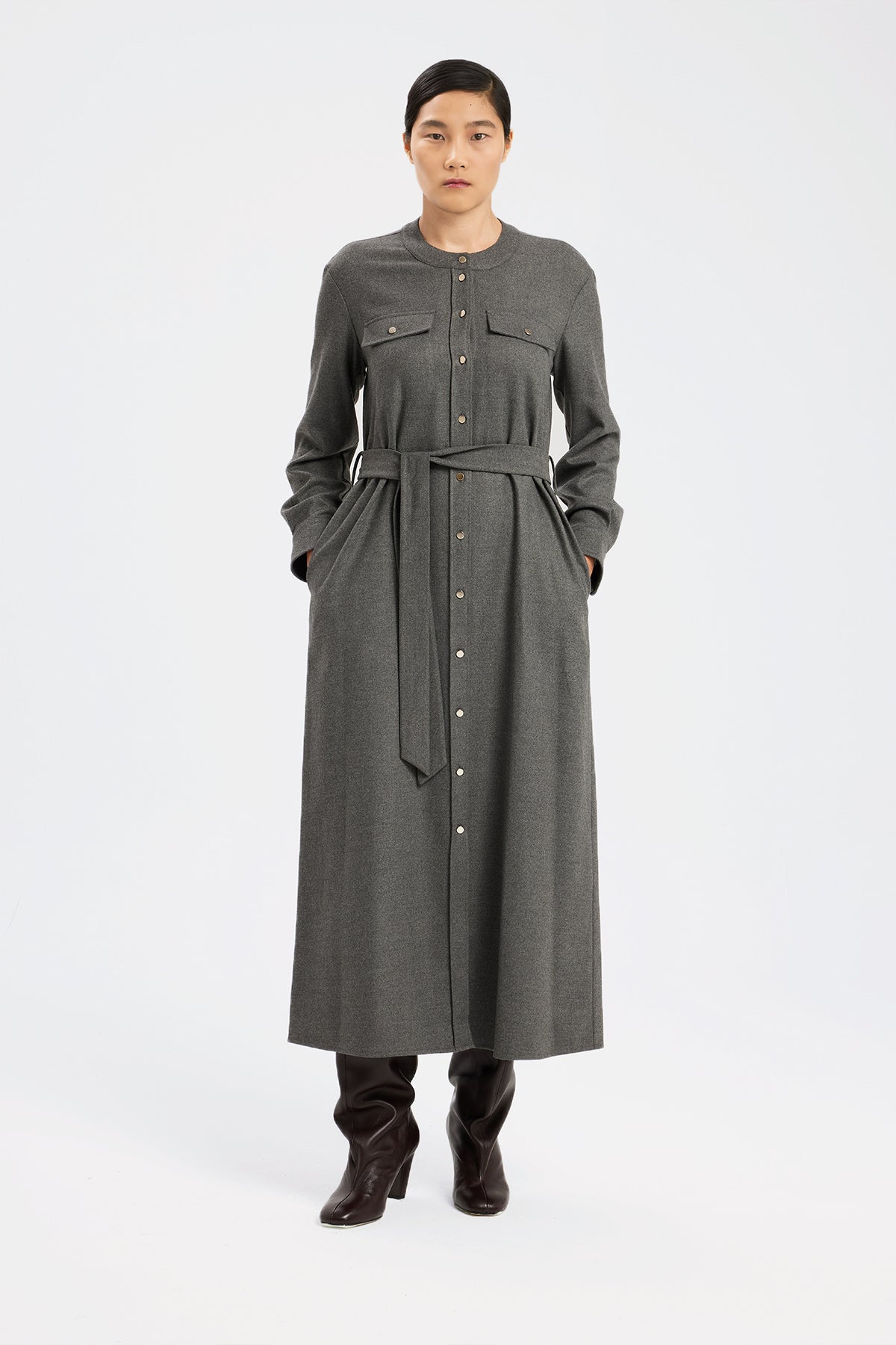 Dark Gray Belted Shirt Dress