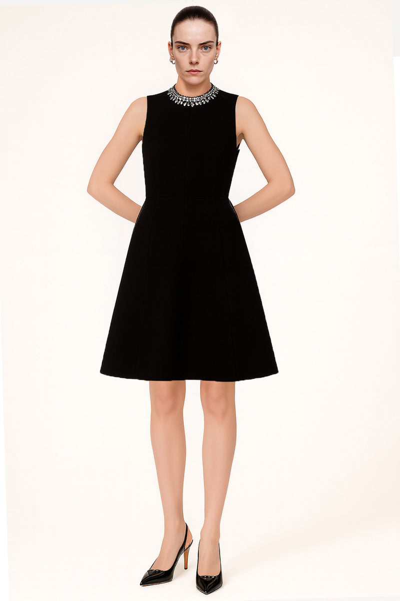Black Collar Stone Embroidered Mini Dress