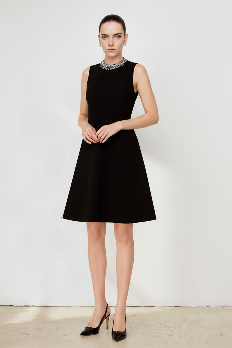 Black Collar Stone Embroidered Mini Dress