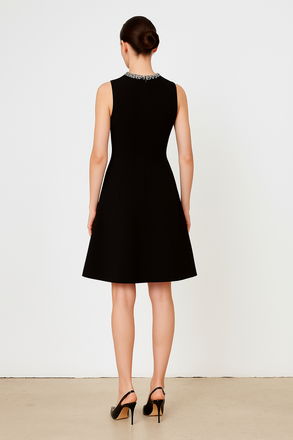 Black Collar Stone Embroidered Mini Dress