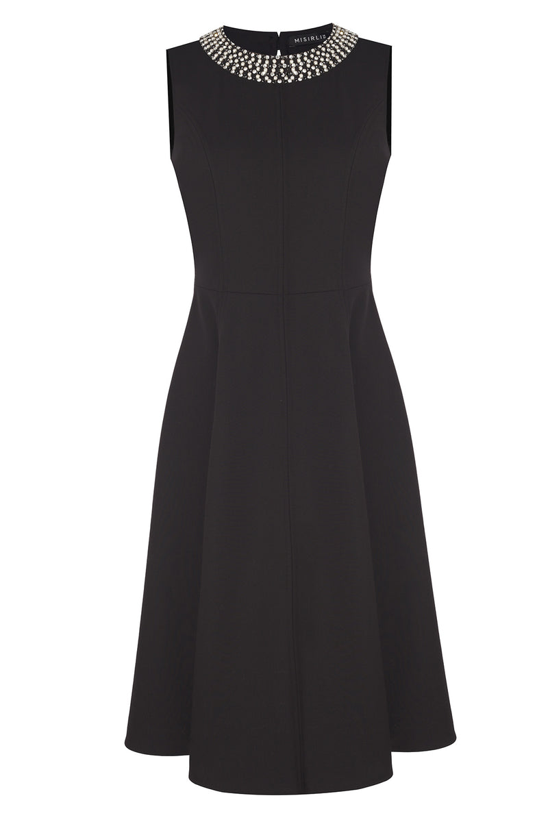 Black Collar Stone Embroidered Mini Dress