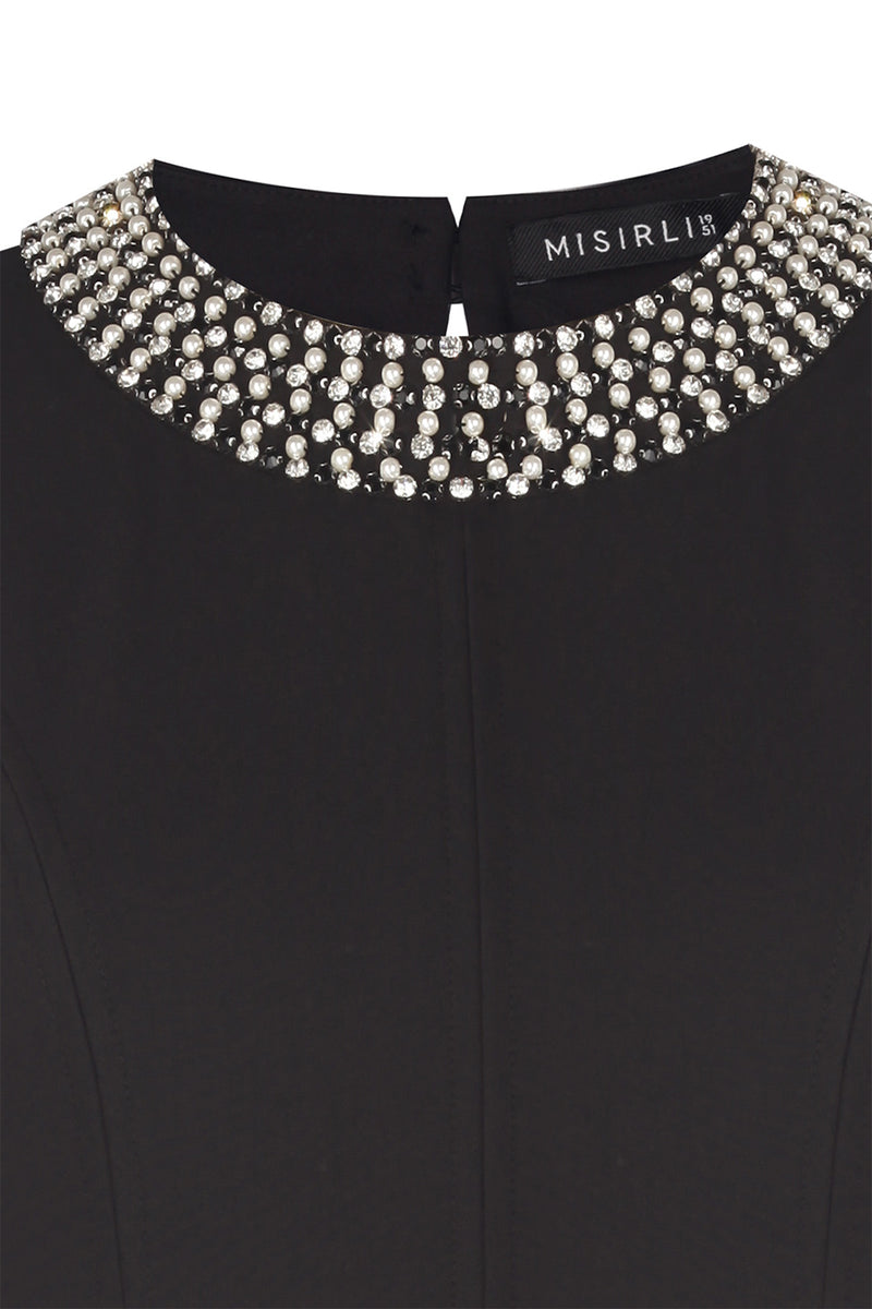 Black Collar Stone Embroidered Mini Dress