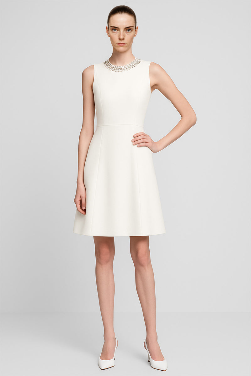 Ecru Collar Stone Embroidered Mini Dress
