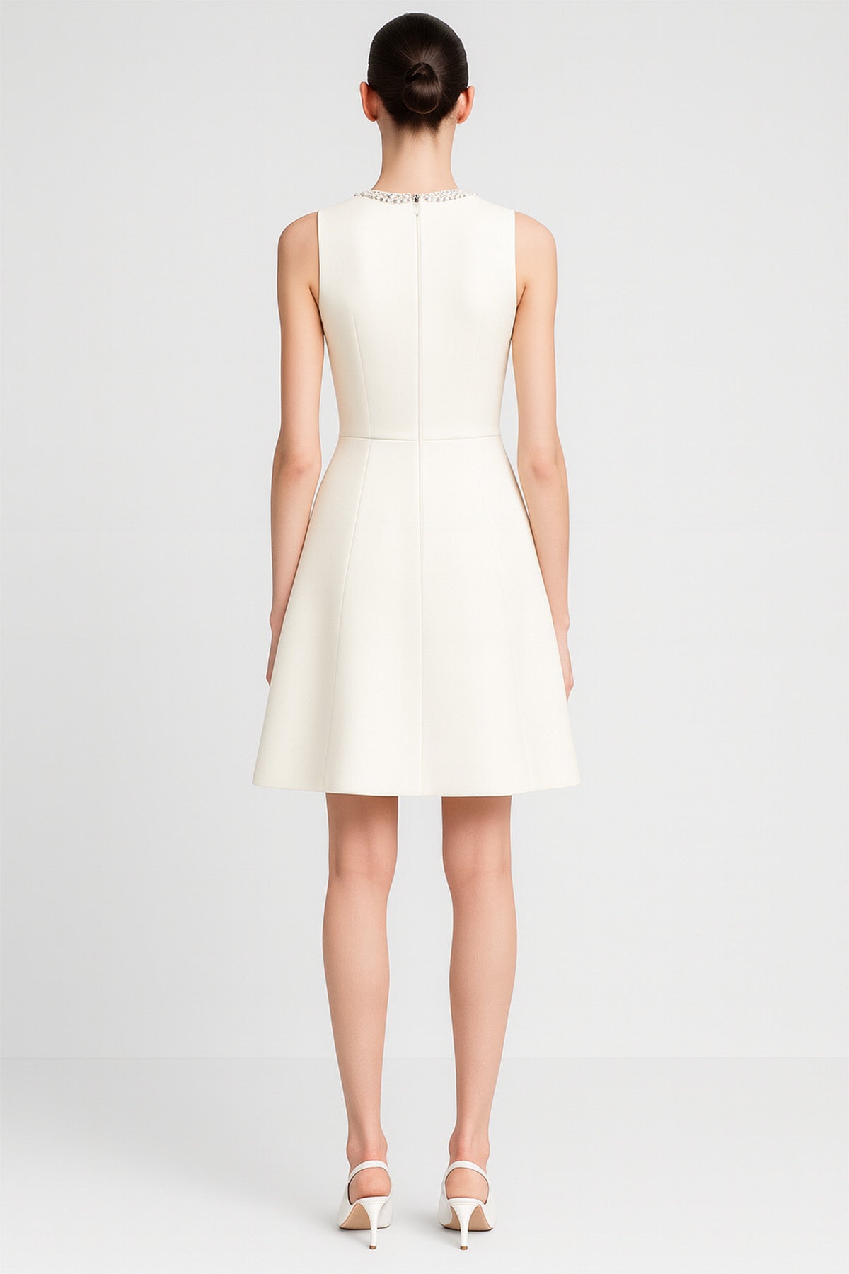 Ecru Collar Stone Embroidered Mini Dress