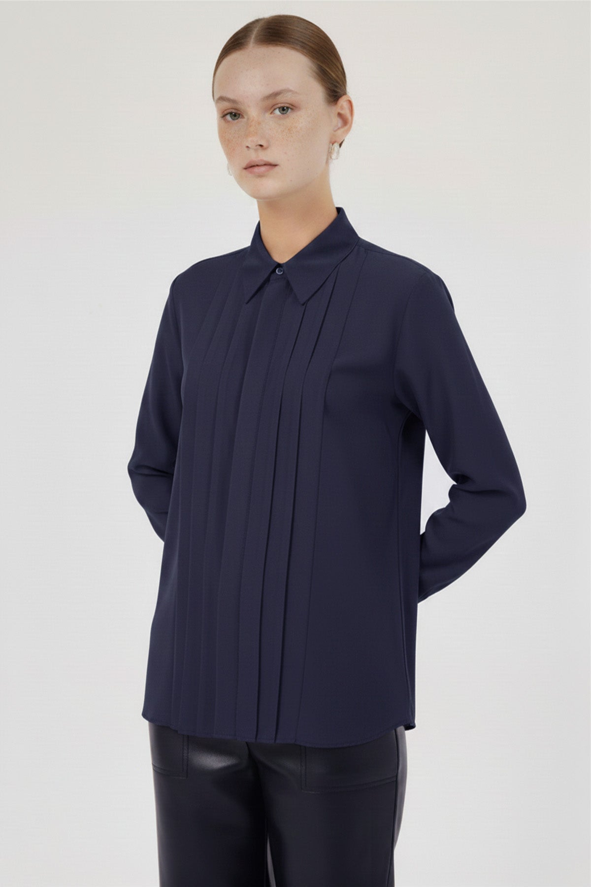 Navy Blue Pleated Detail Women's Shirt
