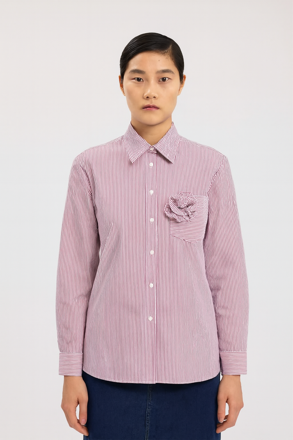 Burgundy Ecru Striped Rose Detail Women's Shirt