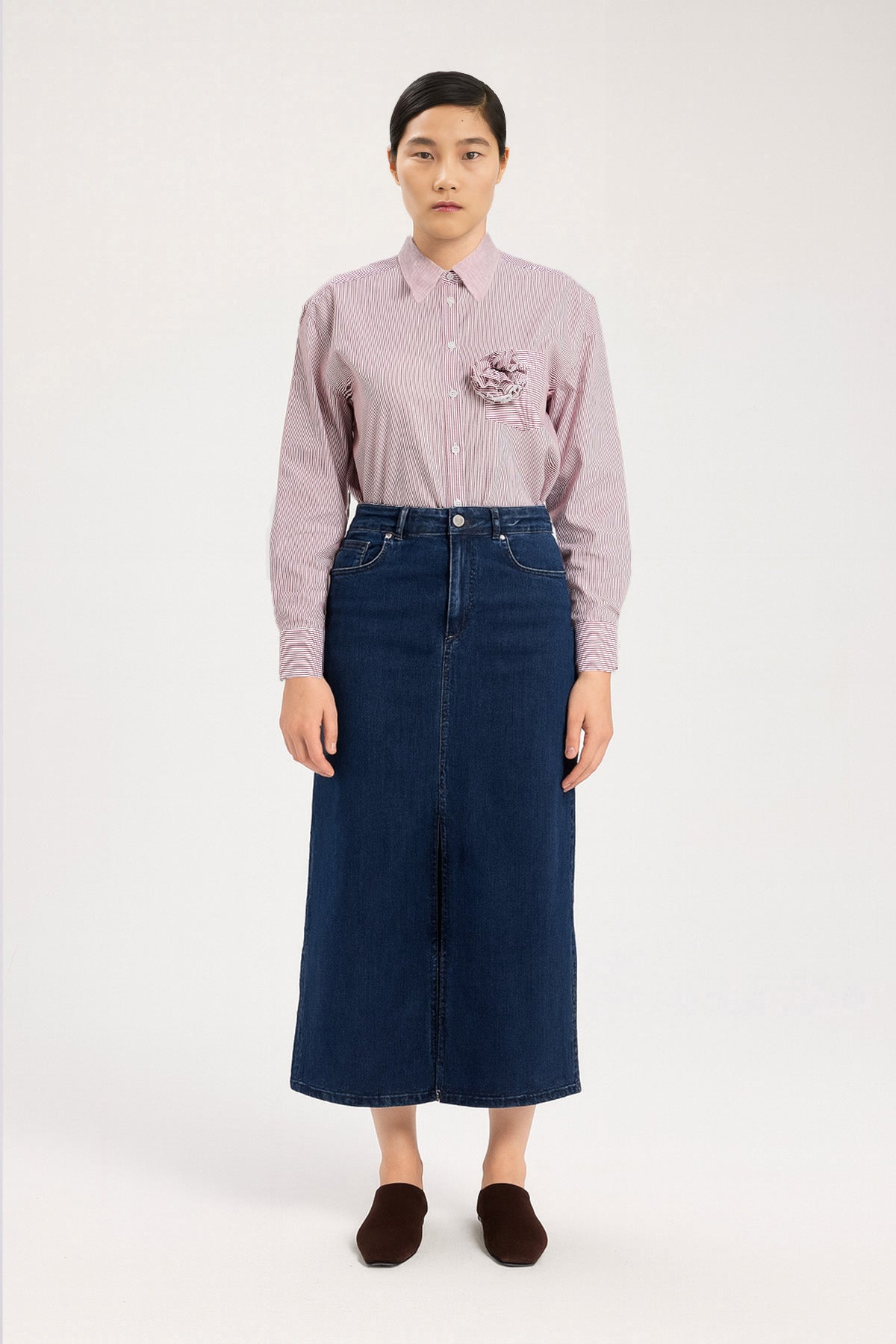 Burgundy Ecru Striped Rose Detail Women's Shirt