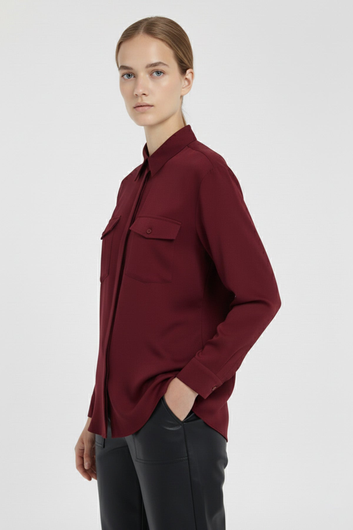 Burgundy Pocket Detail Women's Shirt