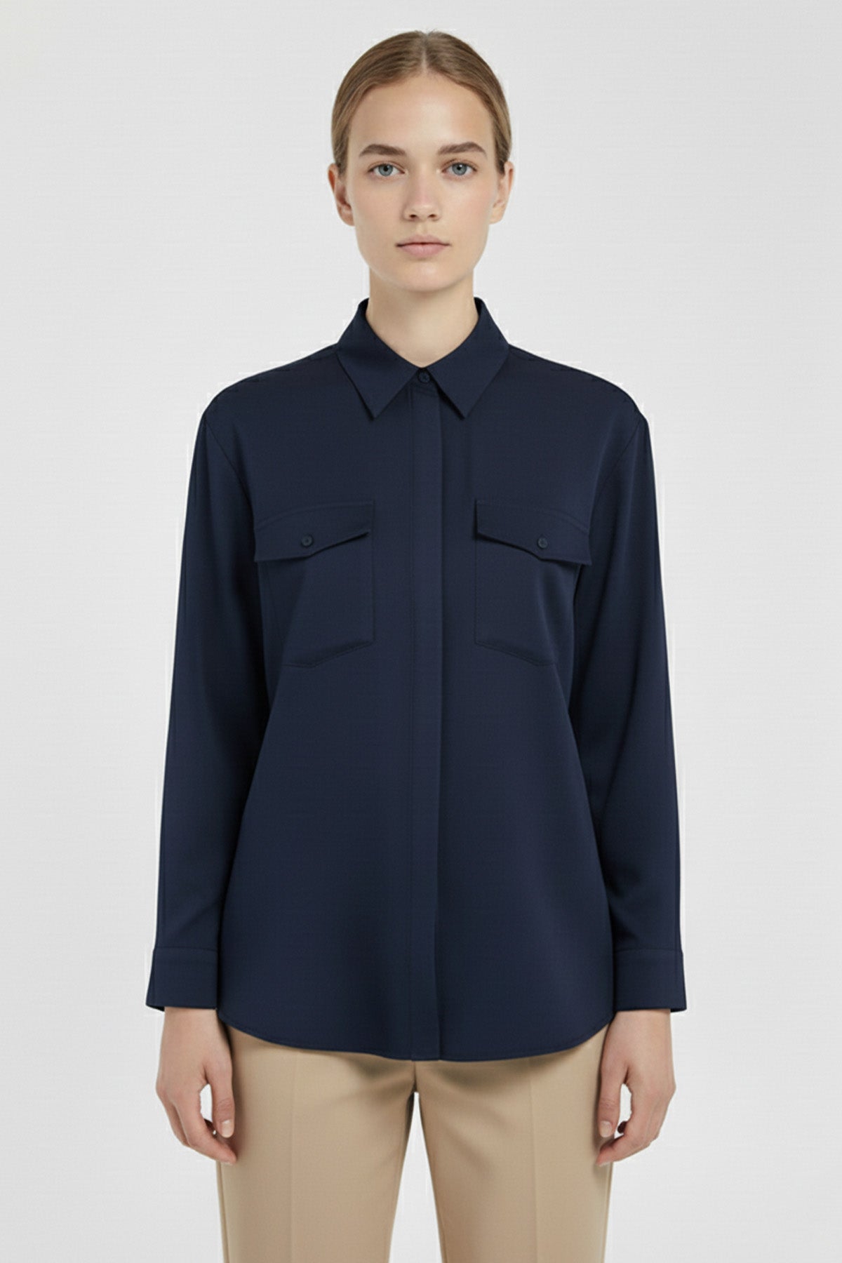 Navy Blue Pocket Detail Women's Shirt