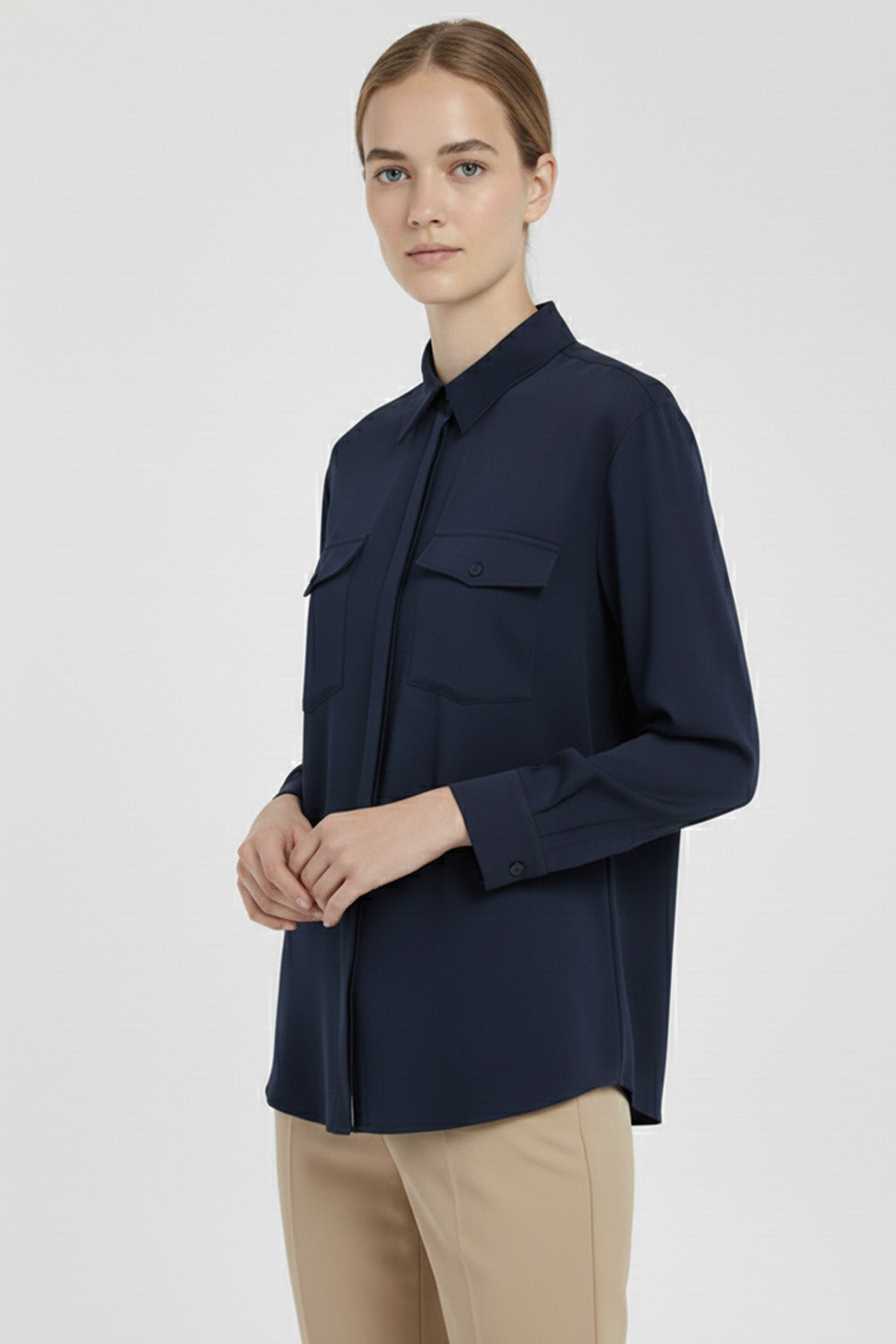 Navy Blue Pocket Detail Women's Shirt