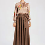 Brown Pleated Button-Detail Skirt