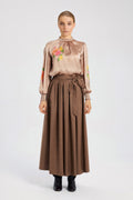 Brown Pleated Button-Detail Skirt