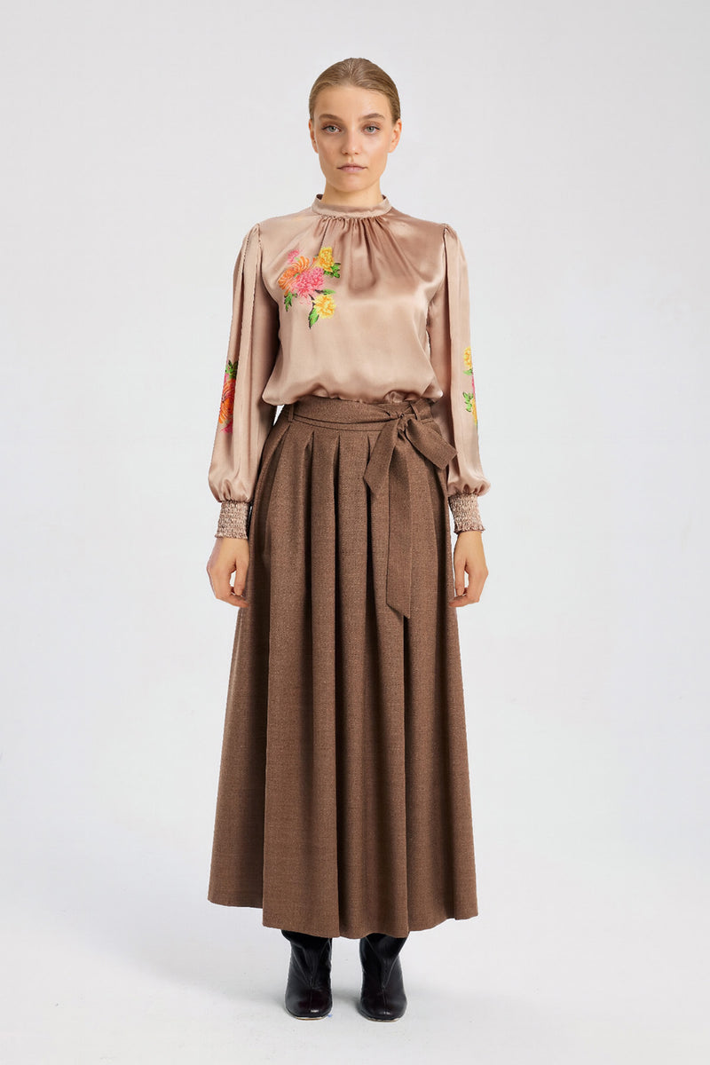 Brown Pleated Button-Detail Skirt