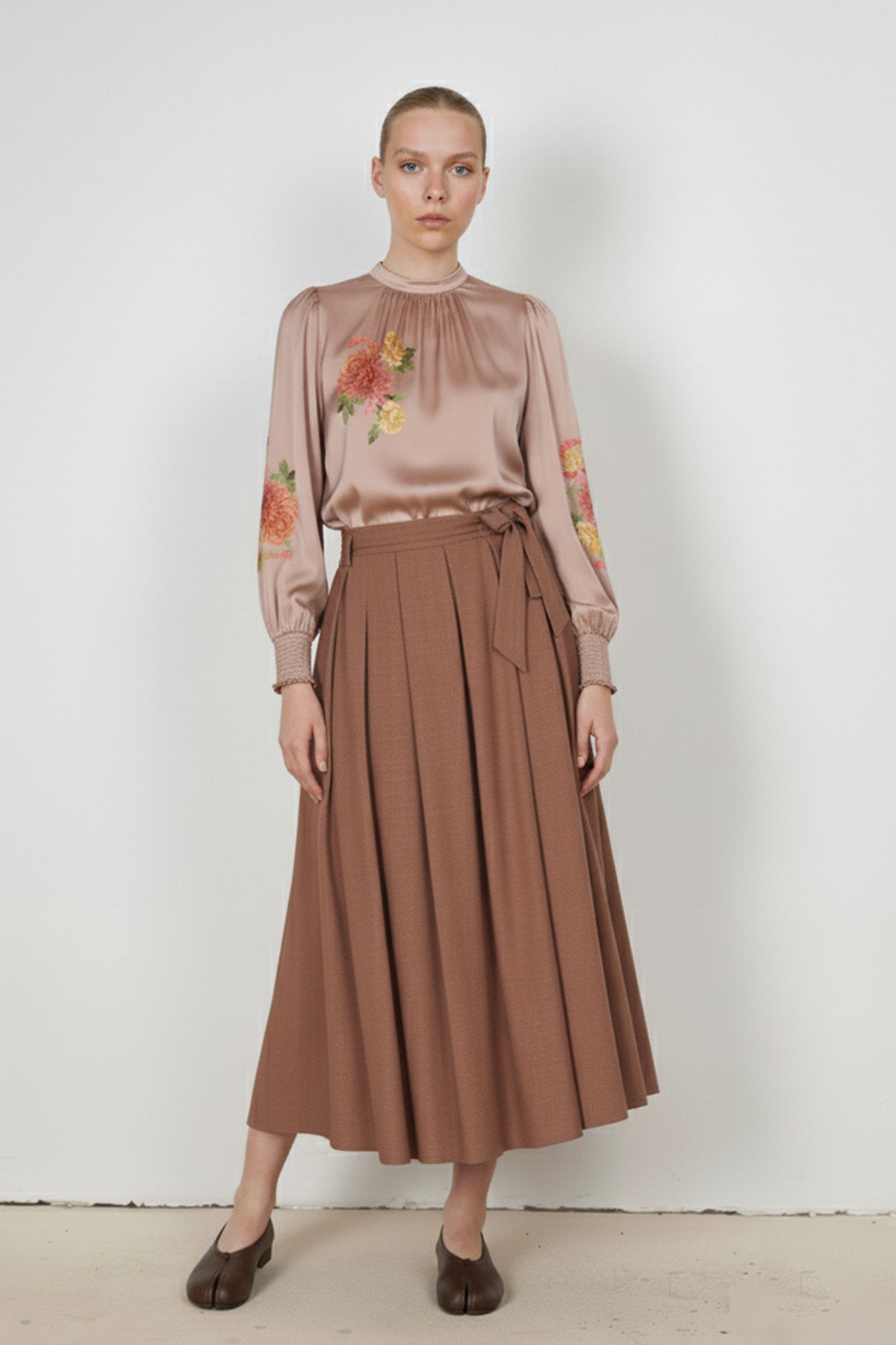 Brown Pleated Button-Detail Skirt